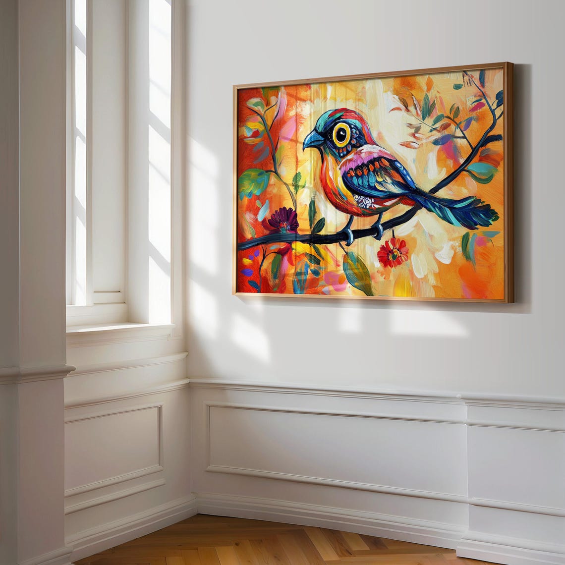 Colorful Perched Rainbow Bird Warm Orange Abstract Nature Poster - Image 3