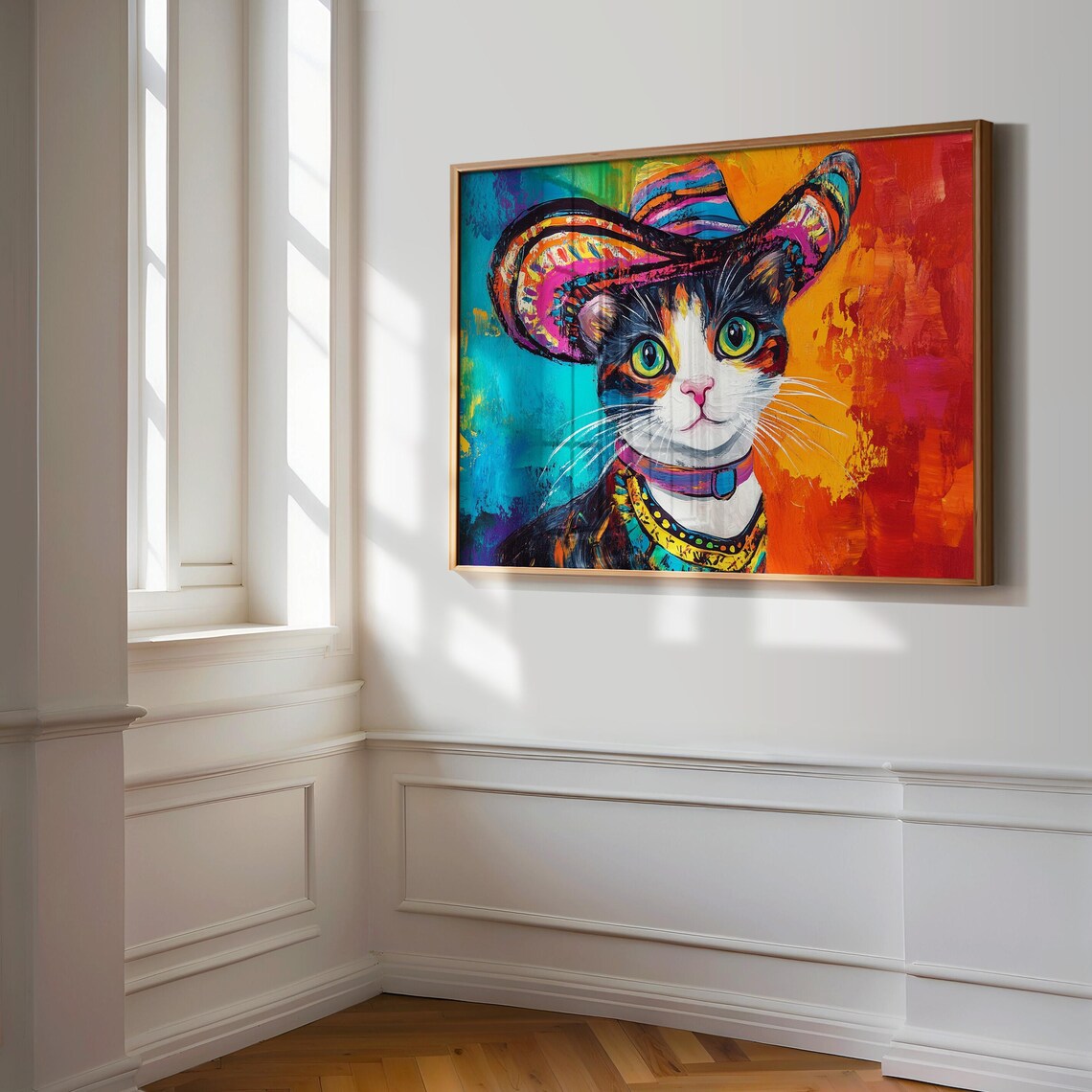 Cat Wearing Colorful Sombrero Fun Mexican Folk Art Portrait Poster - Image 3