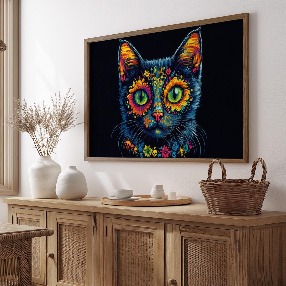 Black Cat Marigold Eye Rings Green Eyes Sugar Skull Charm Wall Art