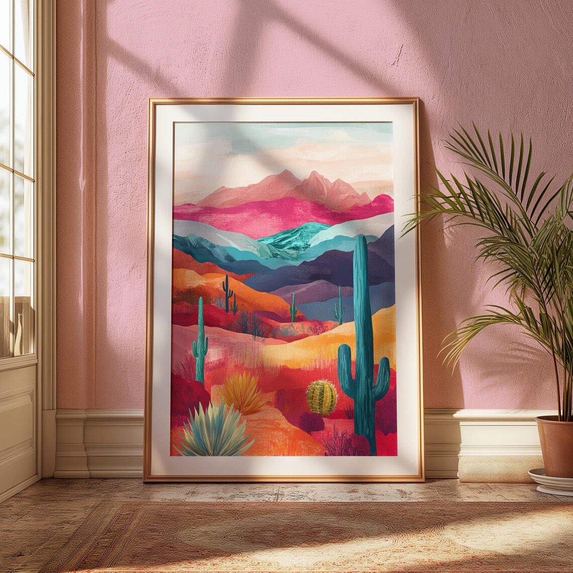 Colorful Layered Desert Mountains Cactus Landscape Abstract Art Poster - Image 2
