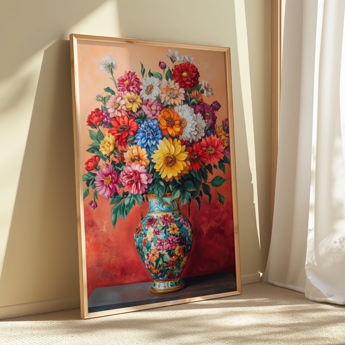 Bright Zinnia Bouquet Rainbow Blooms Painted Floral Vase Coral Poster - Image 5