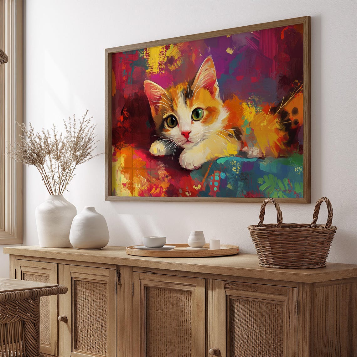 Calico Kitten Lying Down Vibrant Colorful Abstract Painting Poster