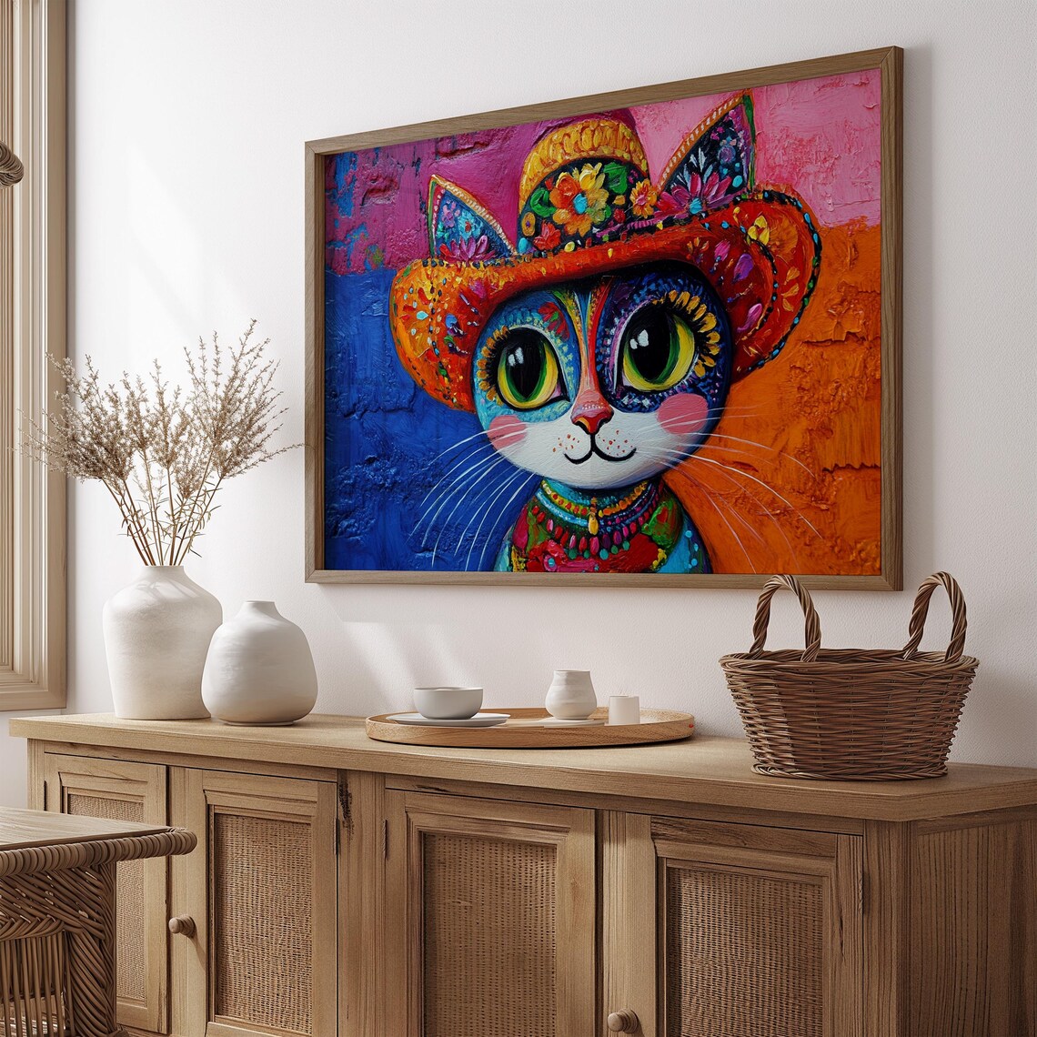Mexican Folk Art Cat Wearing Floral Sombrero Day of Dead Style Cat Poster