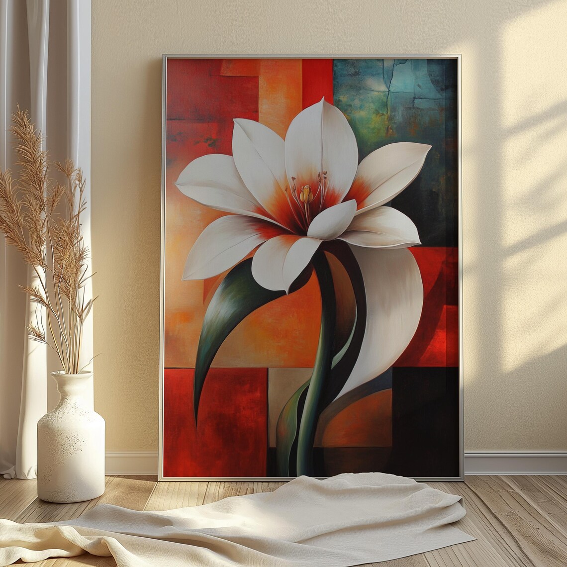 White Lily Color Block Red Teal Background Elegant Floral Art Poster - Image 4