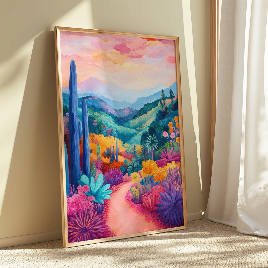 Whimsical Desert Bloom Pink Path Tall Blue Cacti Green Hills Rosy Sky Poster - Image 5