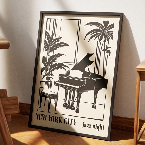 New York City Jazz Night Grand Piano Palm Window Scene Poster