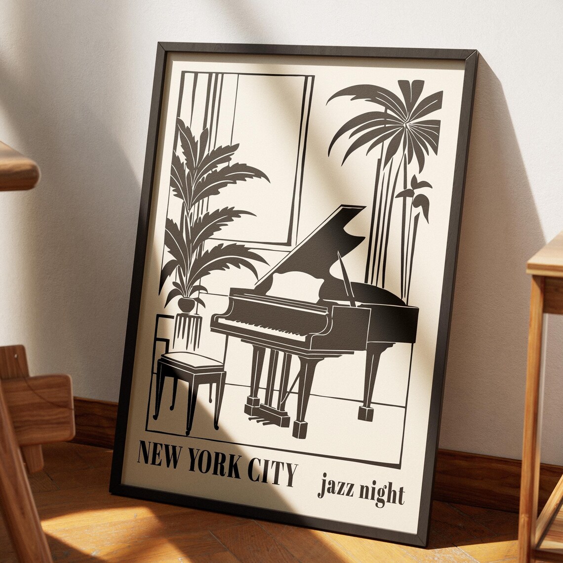 New York City Jazz Night Grand Piano Palm Window Scene Poster