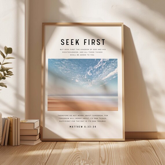 Seek First Matthew 63334 Bible Verse Ocean Christian Decor Wall Art