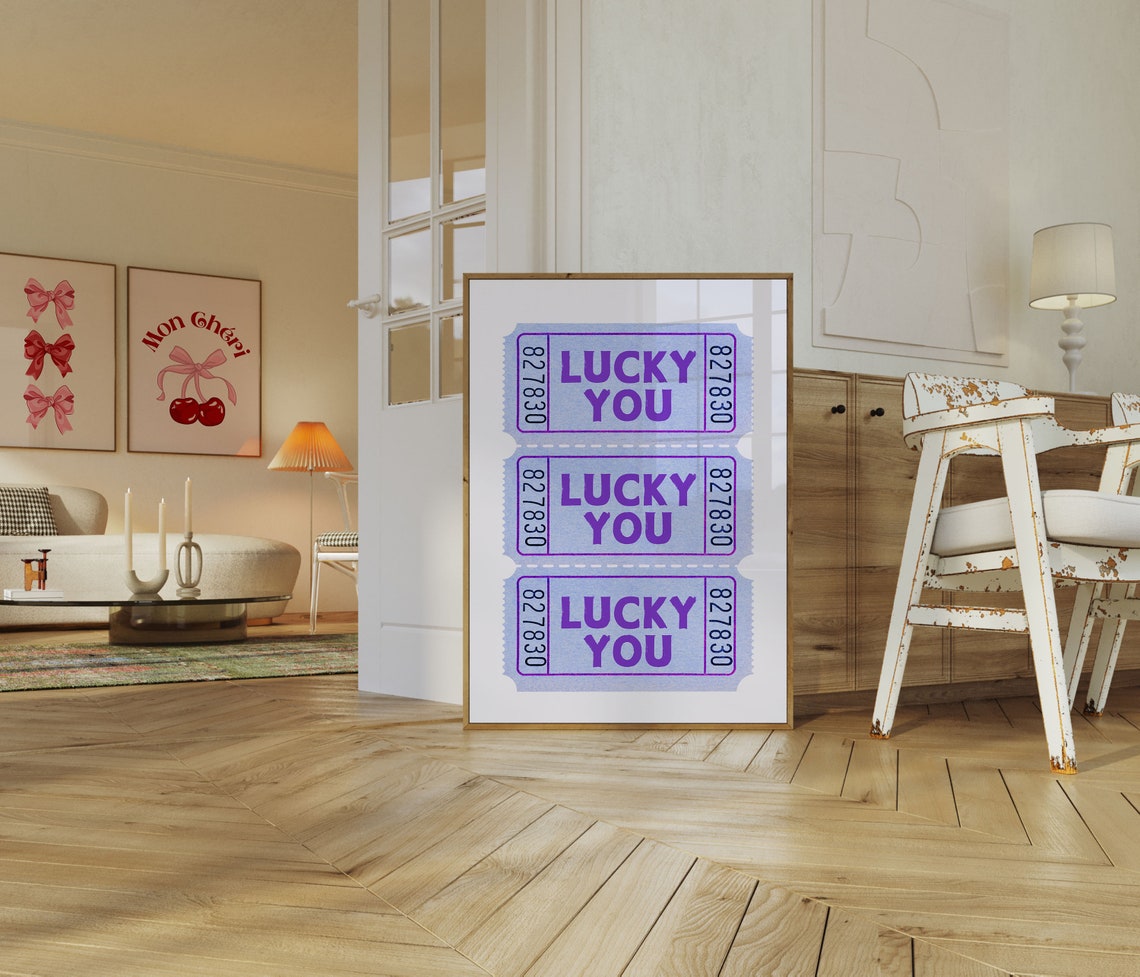 Lucky You Retro Raffle Ticket Typography Blue Trendy Wall Art - Image 3