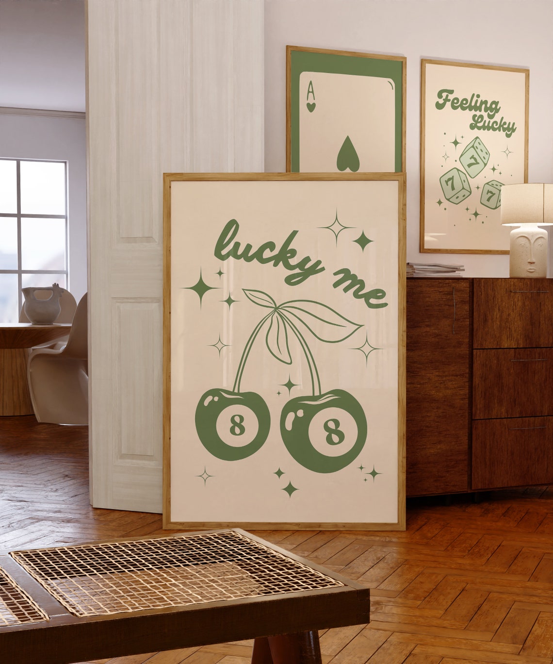 Lucky Me Cherry 8 Ball Retro Green Trendy Aesthetic Art Poster - Image 4