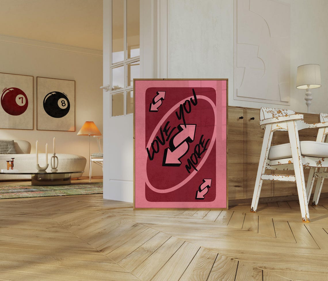 Love You More Burgundy Pink UNO Style Reverse Card Art Poster - Image 3