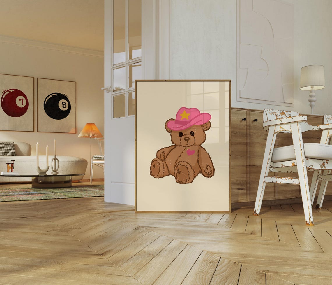 Teddy Bear In Pink Cowgirl Hat Cute Vintage Nursery Room Poster - Image 3