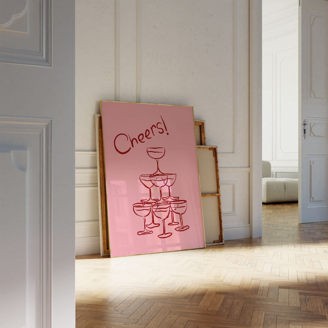 Cheers Coupe Champagne Glass Tower Pink Retro Bar Cart Wall Art - Image 4