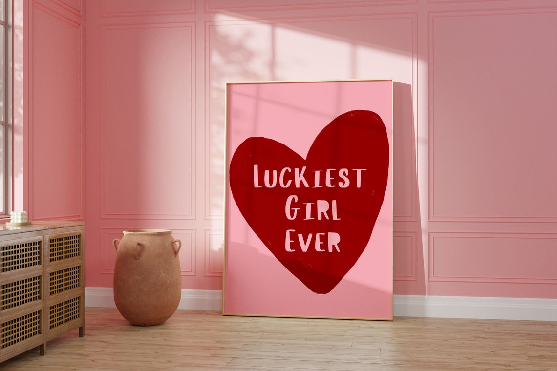 Luckiest Girl Ever Big Red Heart Trendy Pink Preppy Wall Poster - Image 2
