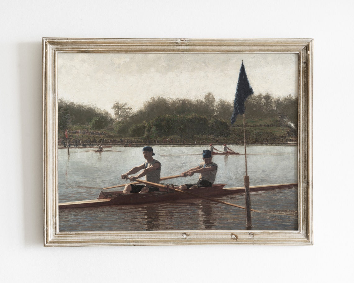 Vintage Rowing Art Print Landscape Lake Scene Painting Wall Art