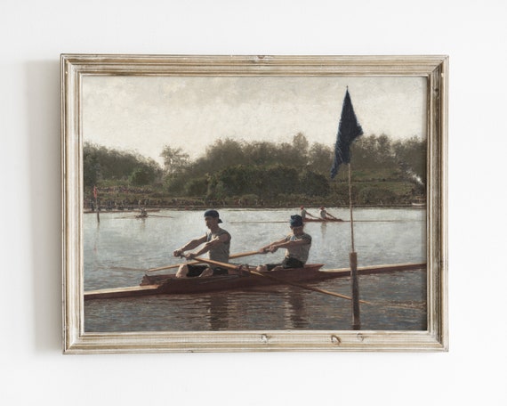 Vintage Rowing Art Print Landscape Lake Scene Painting Wall Art