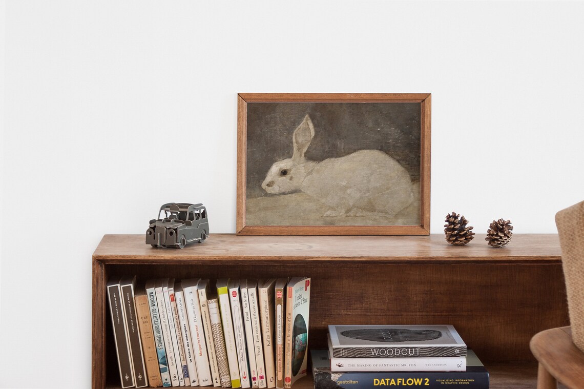 Cream Rabbit Resting Muted Vintage Bunny Oil Painting Art Poster - Image 2
