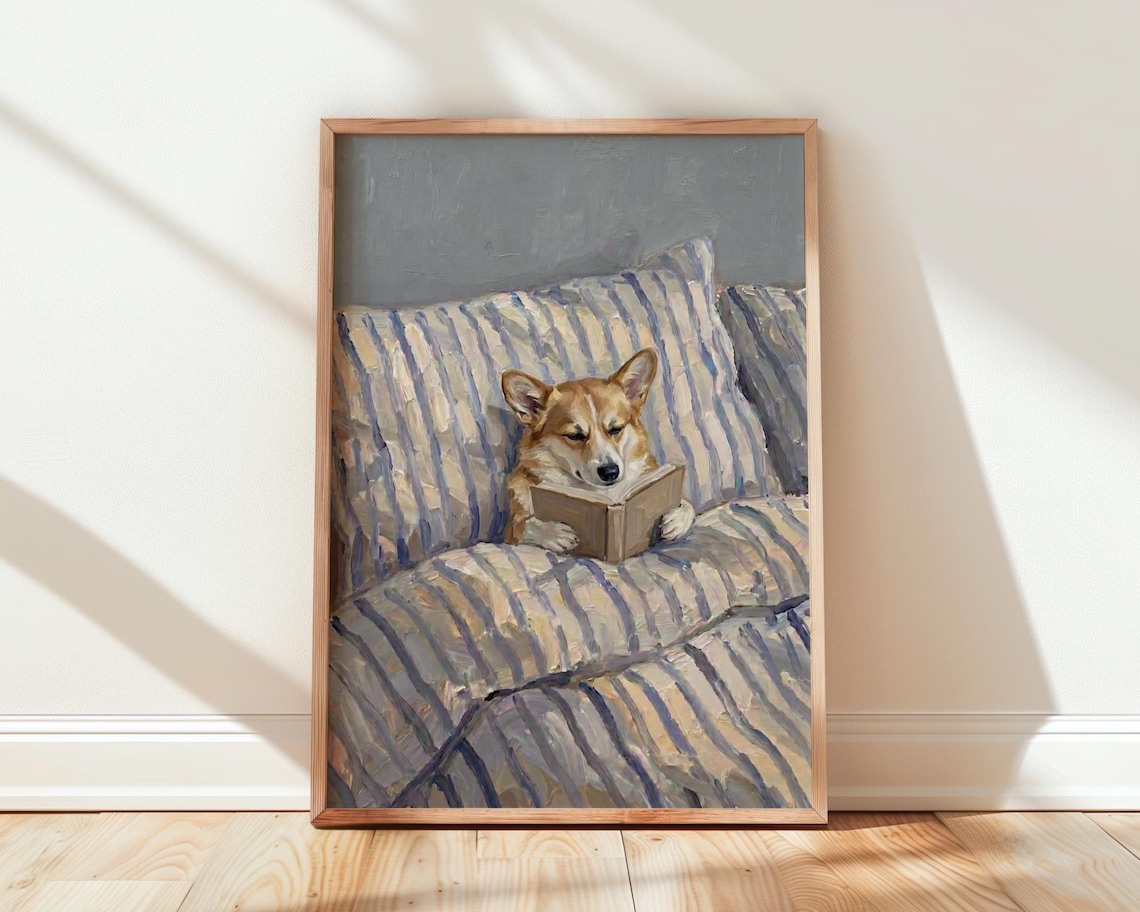 Corgi In Bed, Dog Reading Book Art Print