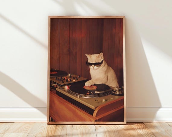 DJ Cat Retro Music Poster Print