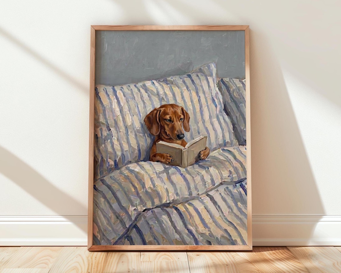 Dachshund In Bed, Dog Reading Book Art Print
