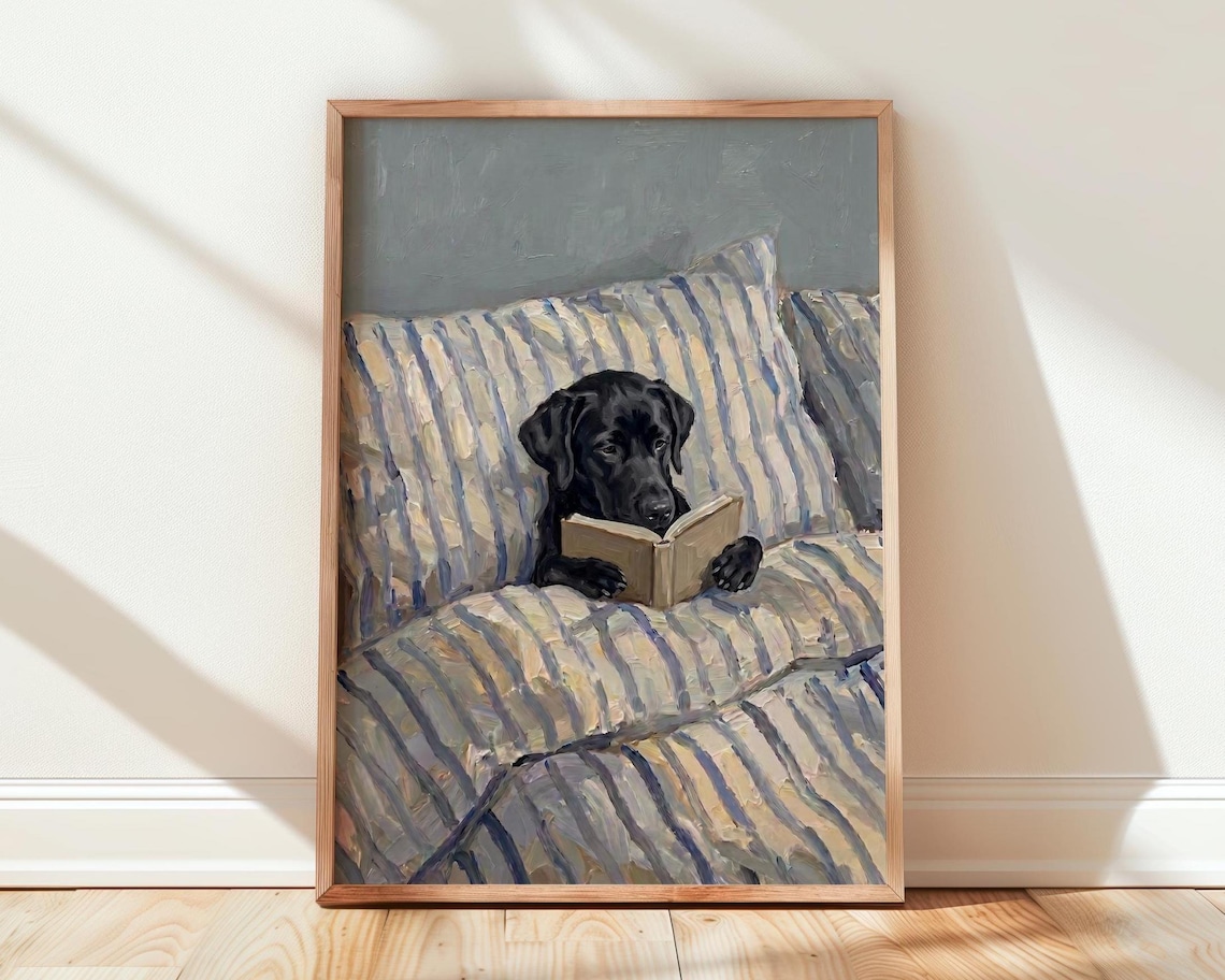 Black Labrador In Bed - Dog Reading Book Art Print