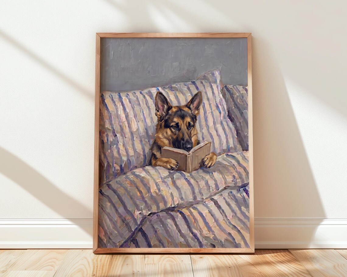 German Shepherd In Bed Print Dog Reading Book Wall Art