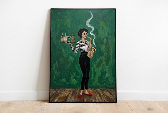 Saxophone Woman With Cocktails Print Painterly Jazz Bar Green Room Decor