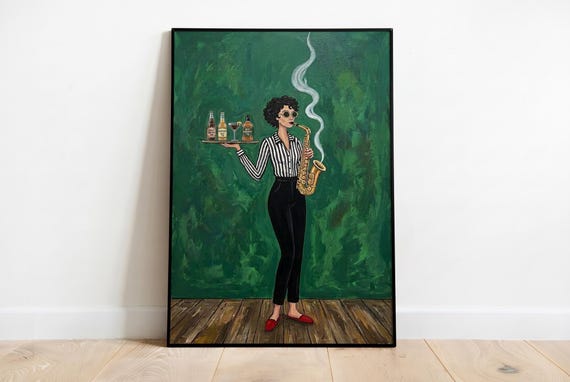 Saxophone Woman With Cocktails Print Painterly Jazz Bar Wall Art Retro Cocktail Server Poster