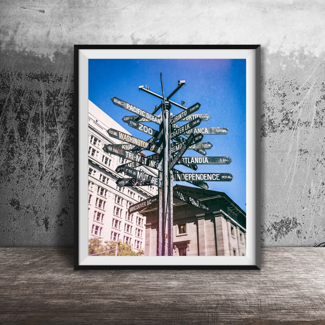 Portland Directional Signpost Old Town Travel Distances Poster