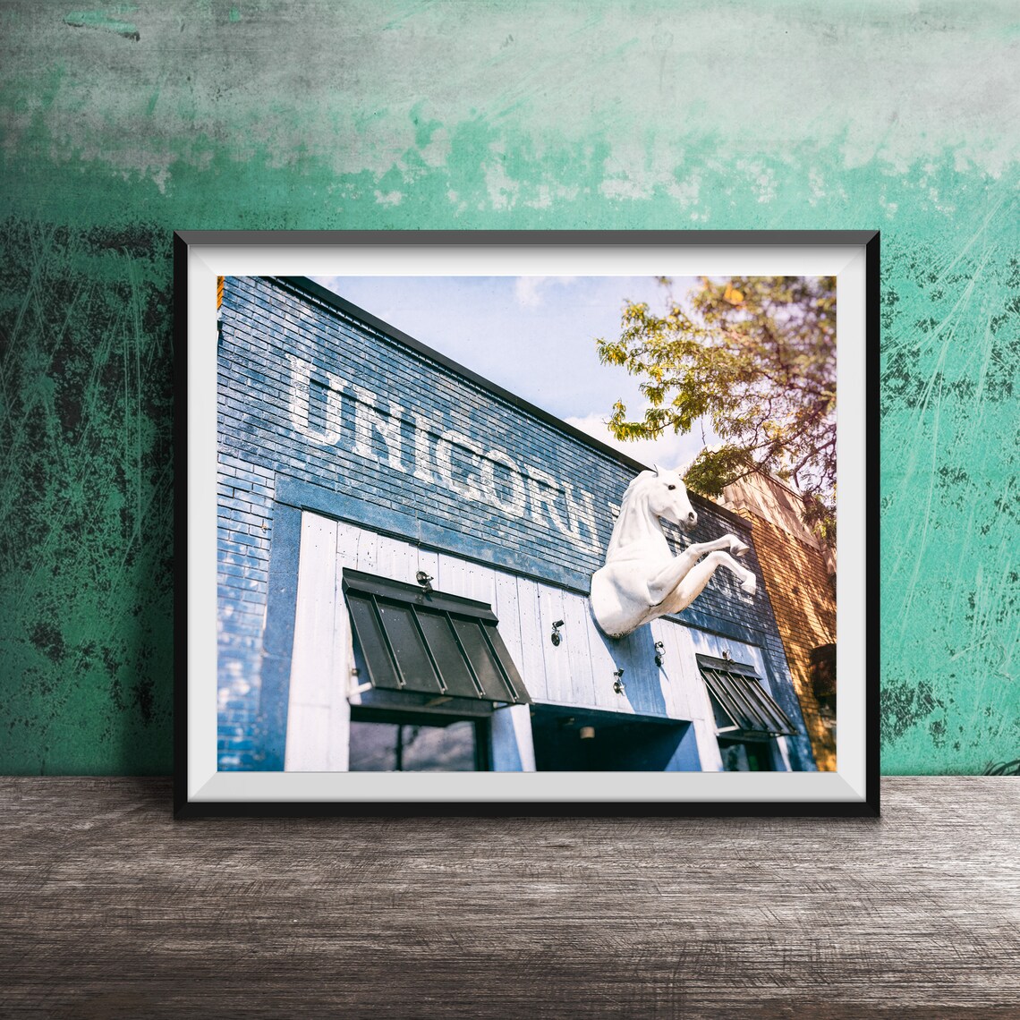 Unicorn Lounge Rearing White Unicorn Sculpture Mural Sign Poster