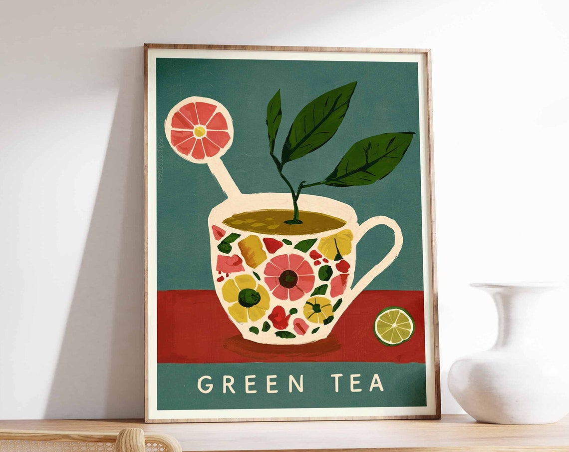 Green Tea Floral Teacup Citrus Retro Mid Century Kitchen Poster