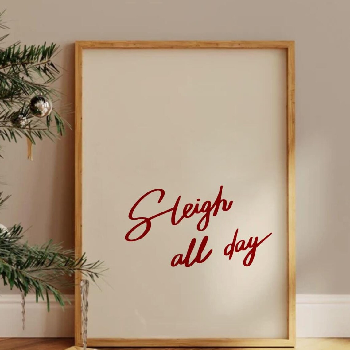 Sleigh All Day Red Script Minimalist Funny Pun Christmas Poster