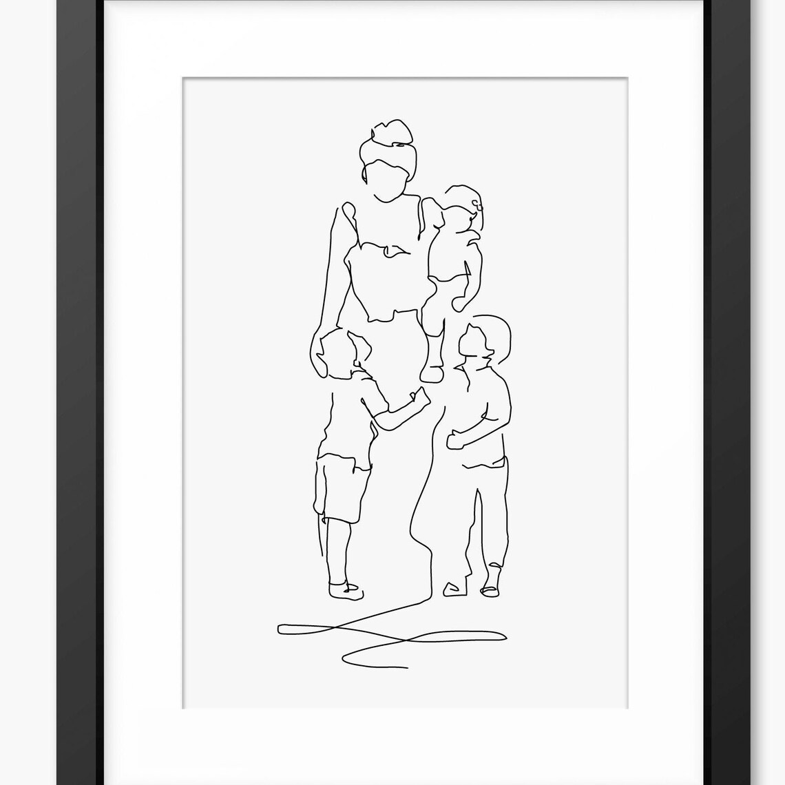 Mother Holding Baby With Two Standing Children Line Art Poster