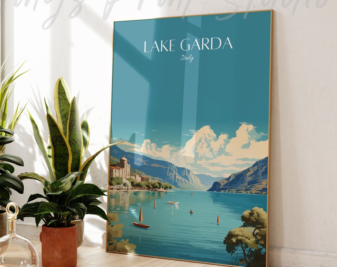 Scenic Lake Garda Italy Sailboats Mountains Lakeside Travel Poster