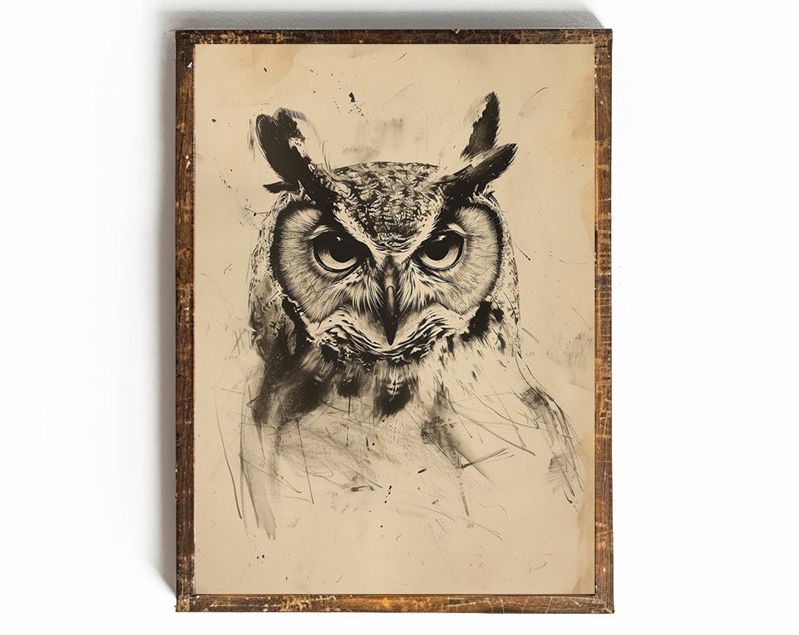 Piercing Owl Face Minimalist Black Ink Sketch on Cream Poster
