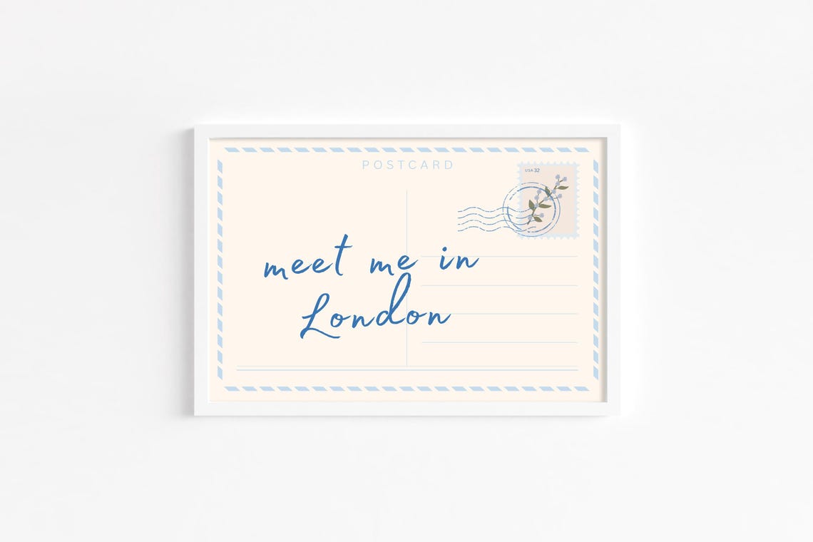 Meet Me in London Blue Vintage Postcard Script Stamp Travel Poster