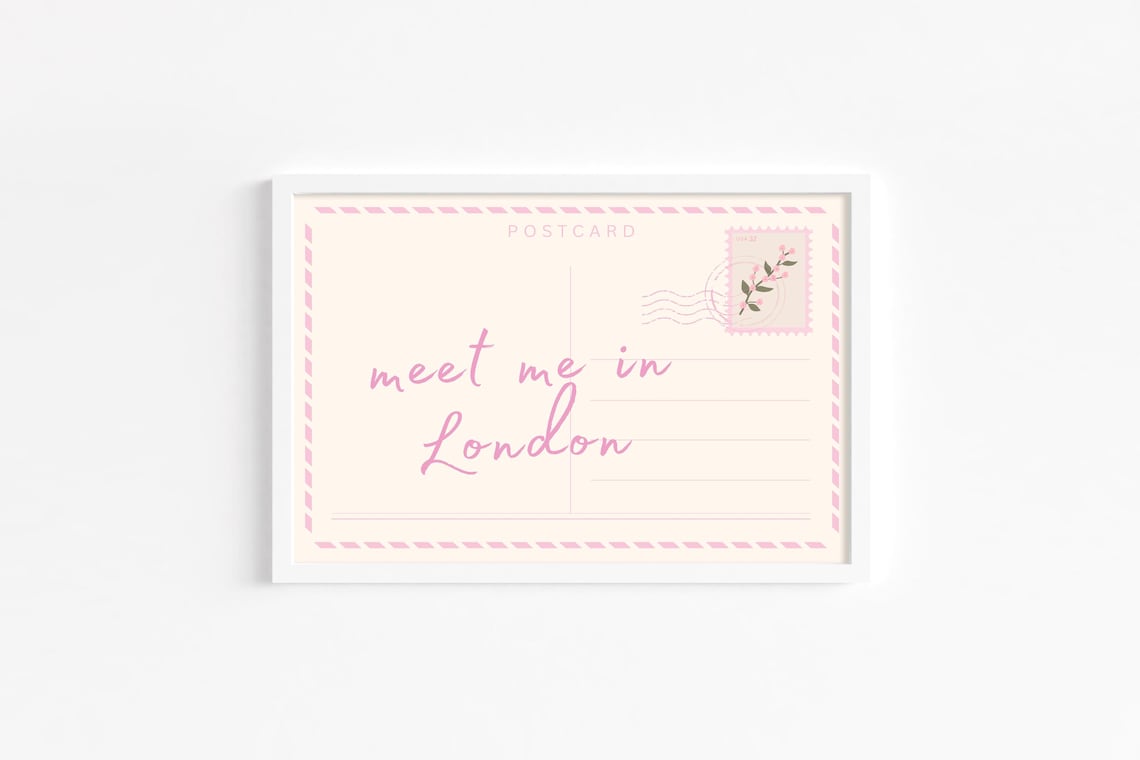 Meet Me in London Pink Romantic Postcard Floral Stamp Travel Poster