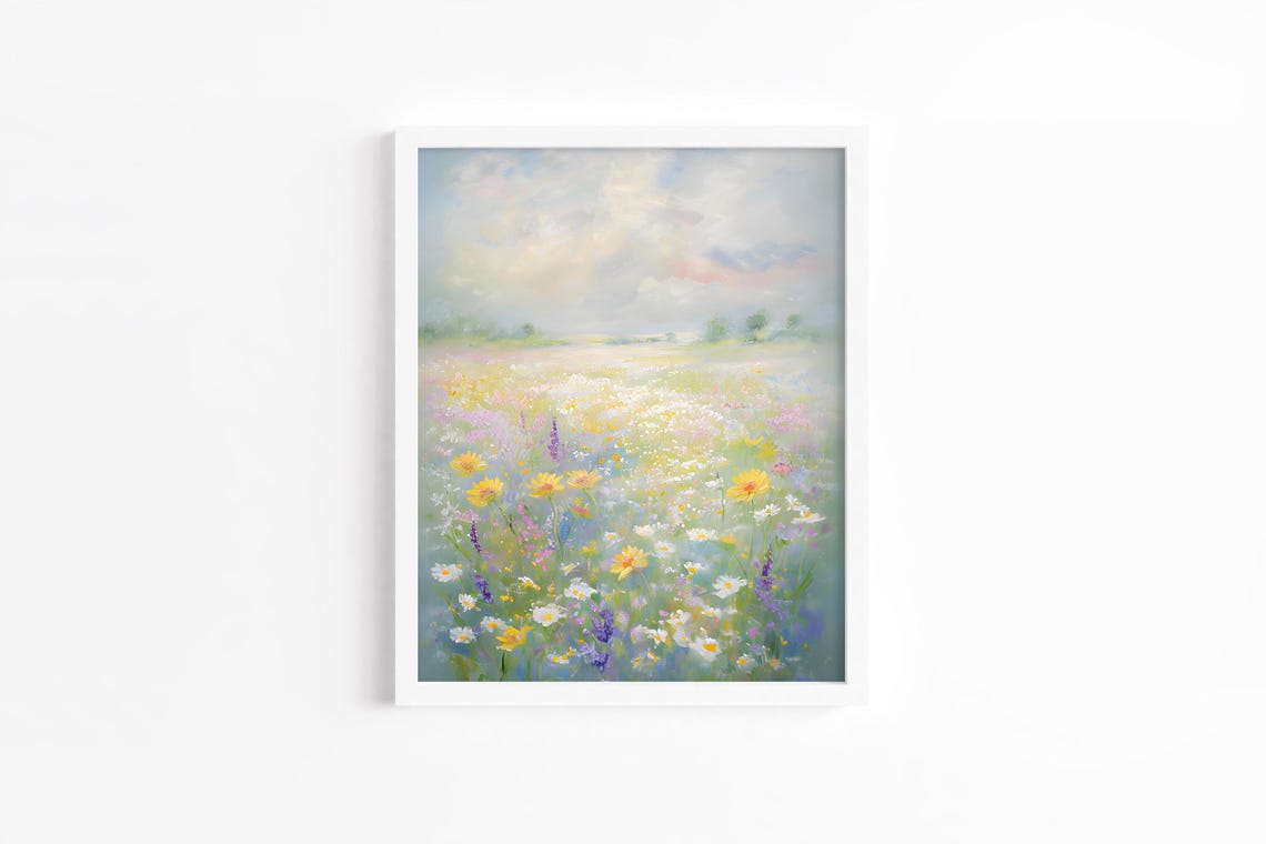 Colorful Spring Meadow Landscape Painting Pastel Flower Field Wall Art Print Floral Botanical
