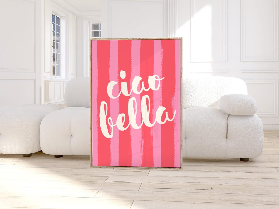 Ciao Bella Italian Script Pink Striped Typography Dorm Room Poster