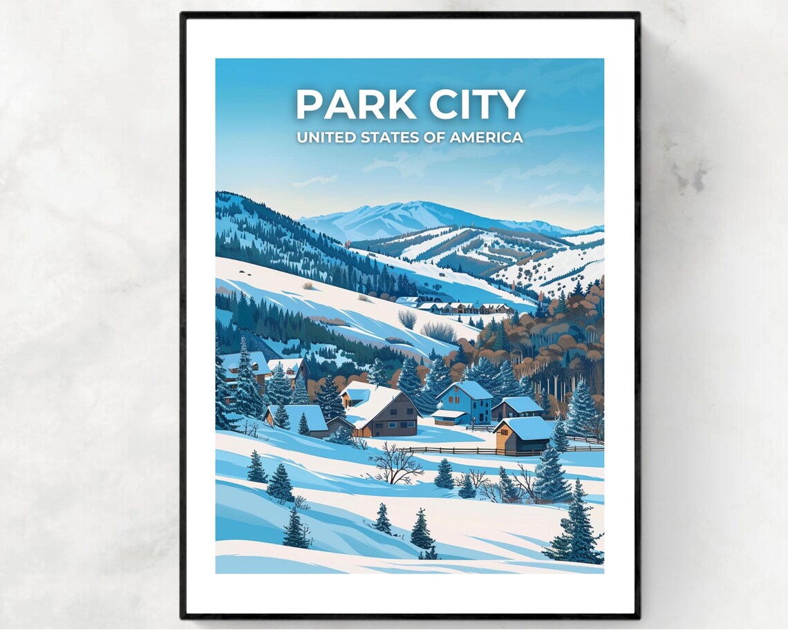 Park City Utah Snowy Village Winter Scene Vintage Travel Poster