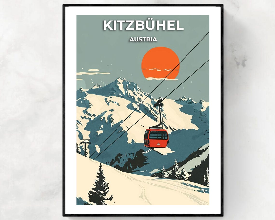 Kitzbühel Austria Red Gondola Sunset Alpine Ski Slope Poster