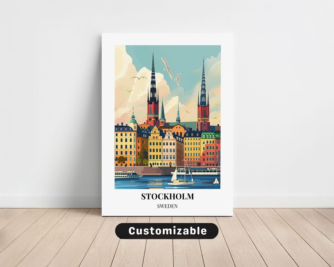 Stockholm Sweden Harbor Old Town Colorful Customizable Travel Poster