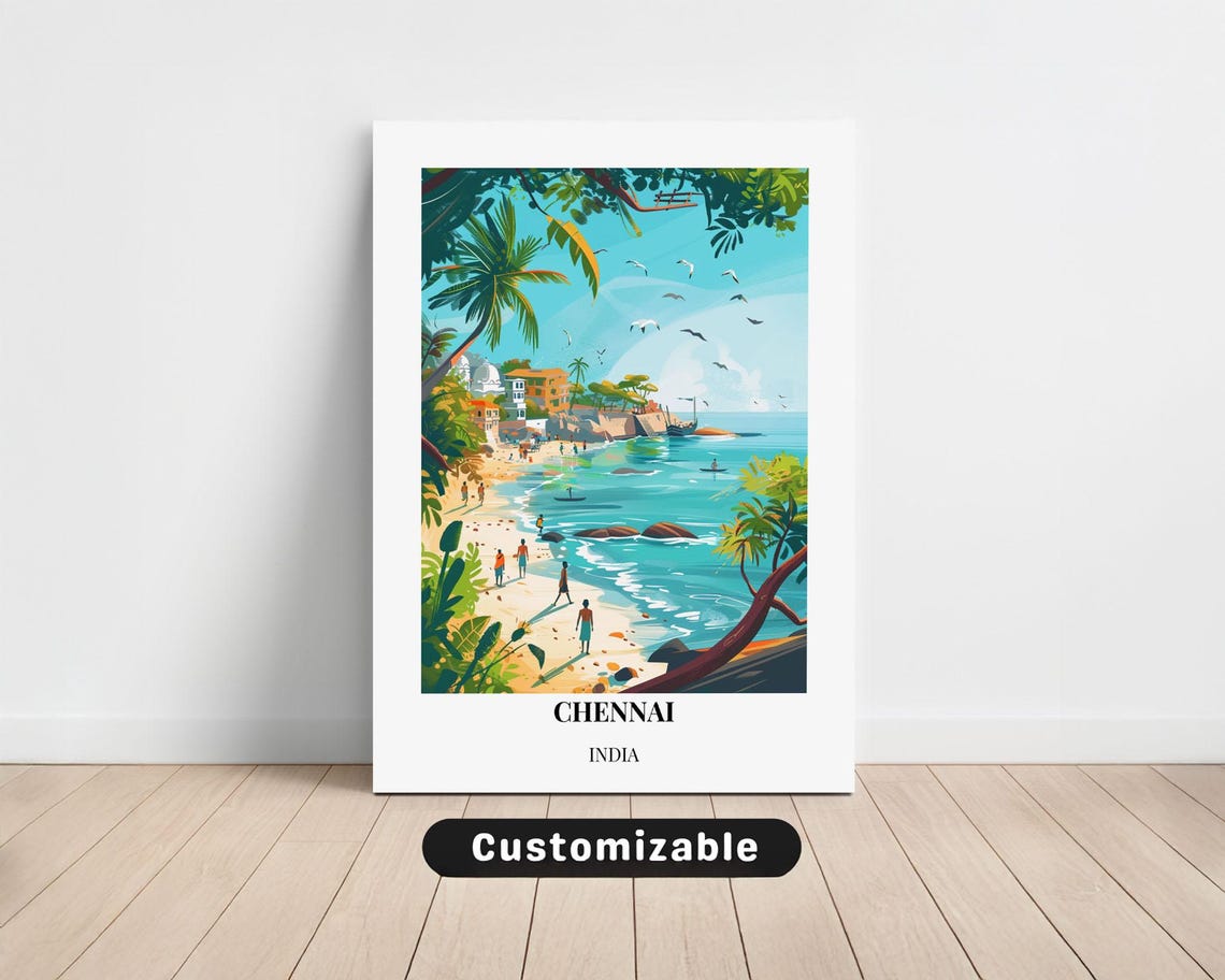 Chennai India Tropical Beach Palm Bay Retro Travel Art Poster