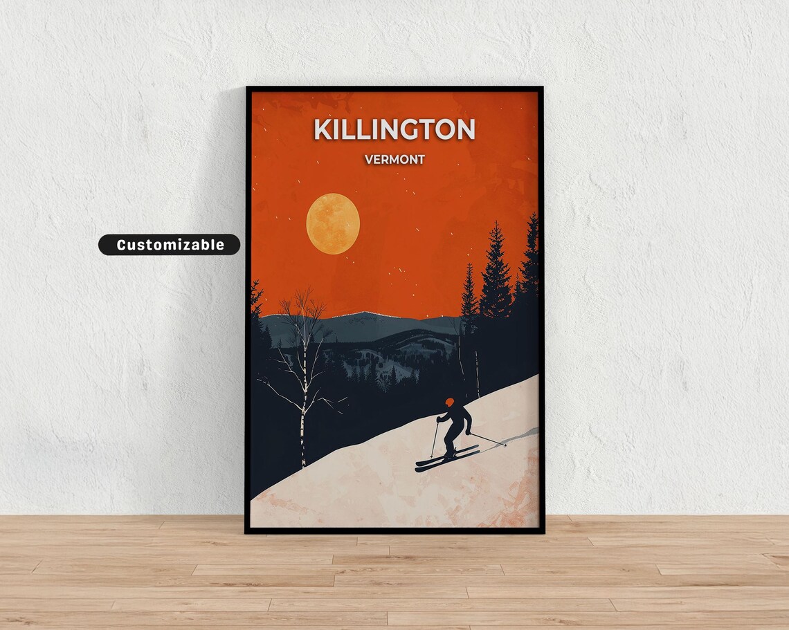 Killington Vermont Ski Resort Orange Sunset Moon Skier Travel Poster