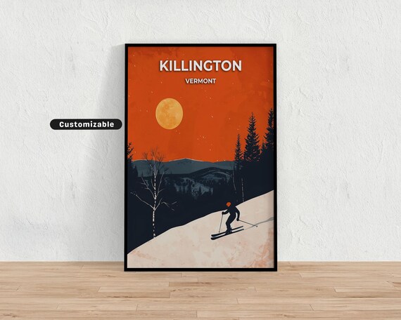 Killington Vermont Ski Resort Orange Sunset Moon Skier Travel Poster