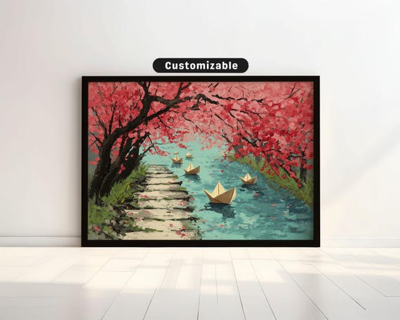 River Path With Paper Boats And Plum Blossoms Japanese Wall Art Print Zen Asian Decor