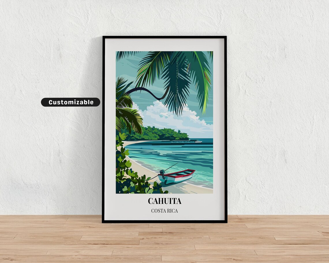 Cahuita Costa Rica Caribbean Beach Boat Palm Vintage Travel Poster
