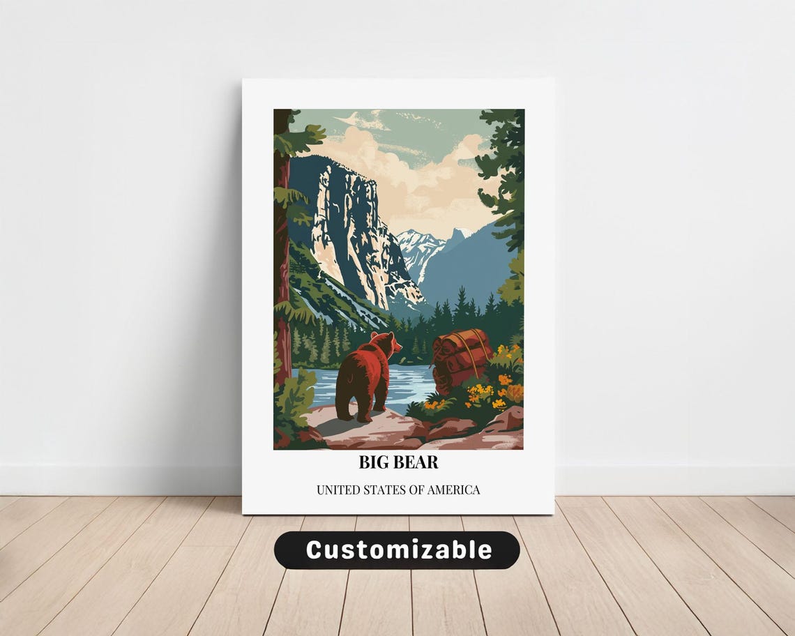 Big Bear Mountain Lake Bear Retro Vintage Travel Scene Poster