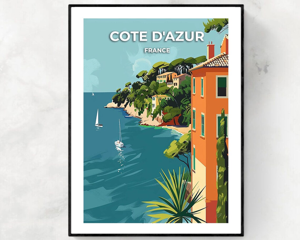 Cote d'Azur Coastal Villas With Sailboats France Travel Poster