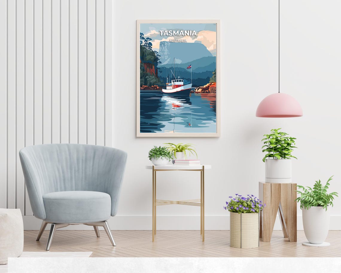 Tasmania Australia Harbor Fishing Boat Cliffs Coastal Travel Poster - Image 2